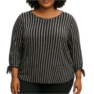 Max Studio Striped Tunic Top Black White Tied Sleeve Cuffs Stretch Plus Size 2X